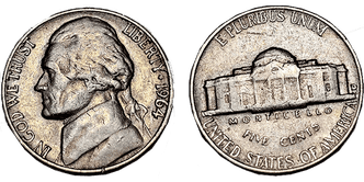 the picture of the coin 1964 D RPM (Repunched Mint Mark) Nickel. Mint marl is located at the bottom right, under the mountain peaks.