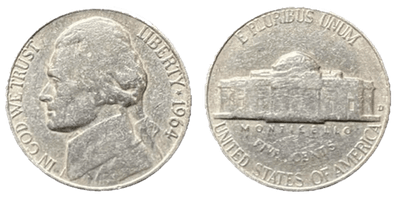 the picture of 1964 D Silver Nickel Error with shiny surface and a silvery hue