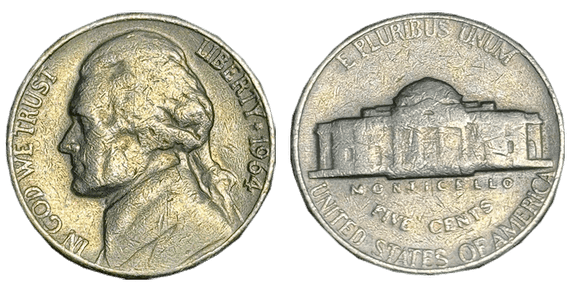 the picture of 1964 Jefferson Nickel No Mint Mark High Grade. The coin is in excellent condition (mint condition, MS), characterized by purity and high relief.