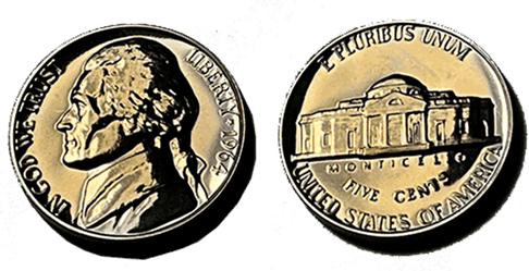 the picture of coin with Doubled Die. Reverse Proof Jefferson Nickel with bag marks,scratches and spots