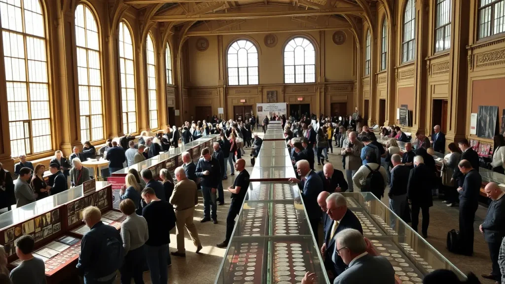 A huge hall, lots of people, the sun is shining. This is an exhibition of coins for real numismatists. There are coin stands everywhere. People stop by them with interest and look at them